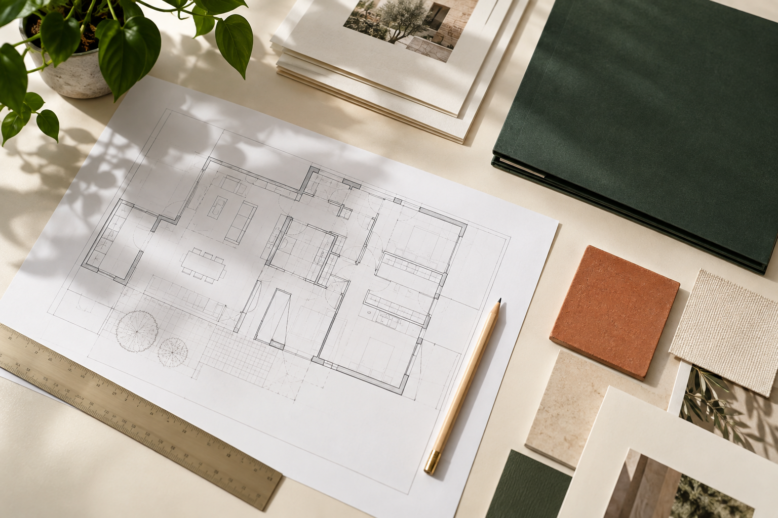 An organized desk with architectural plans, a notebook and material samples